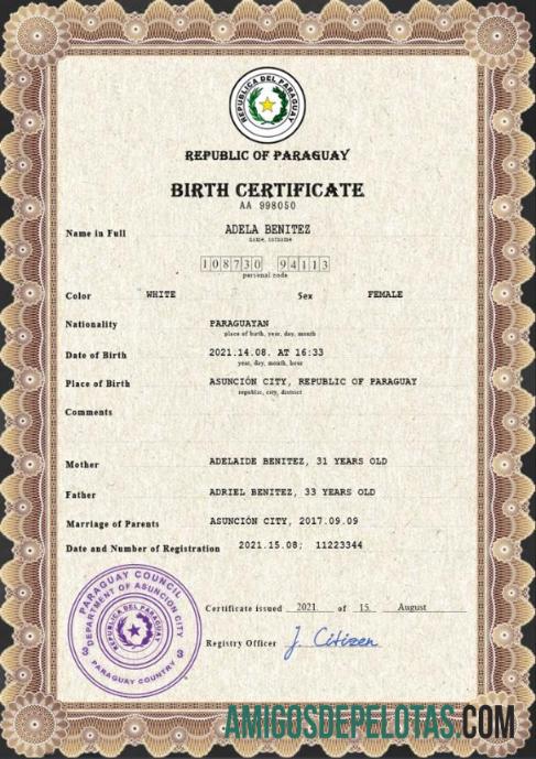 Imprimível modelo PSD de certidão de nascimento de registro vital do Paraguai